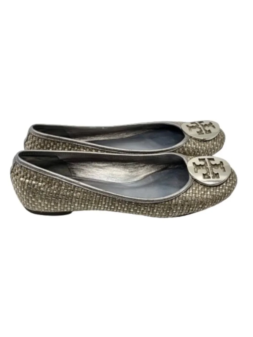 TORY BURCH~Reva Woven Metallic Ballet Flats~LEATHER SHOES in PEWTER & SILVER